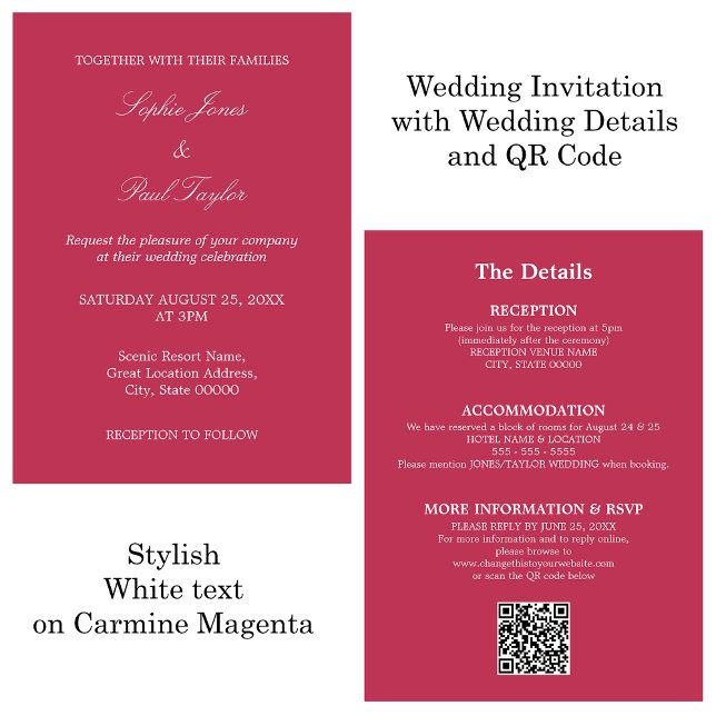 Carmine Magenta Wedding QR Code RSVP Invitation (Creator Uploaded)