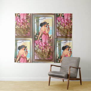Carnation Art Nouveau Portrait by Alphonse Mucha Tapestry