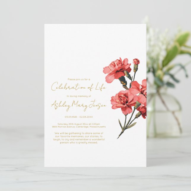 Carnation Celebration of Life Funeral Invitation (Standing Front)