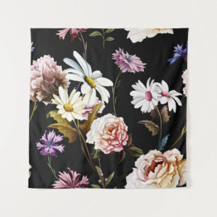 Carnation, chamomile flowers, black pattern. tapestry