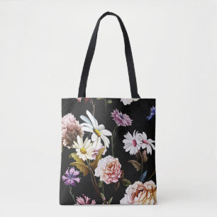 Carnation, chamomile flowers, black pattern. tote bag