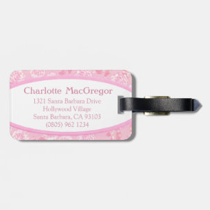Carnation floral damask pink white id luggage tag