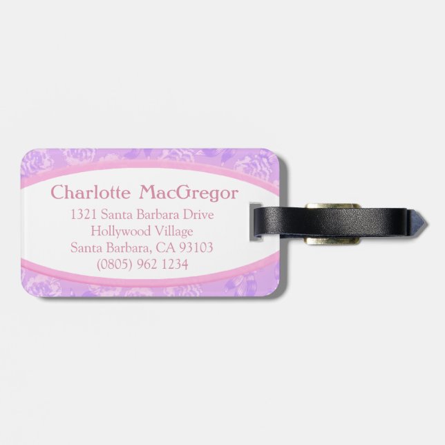 Carnation floral damask purple white luggage tag (Back Horizontal)