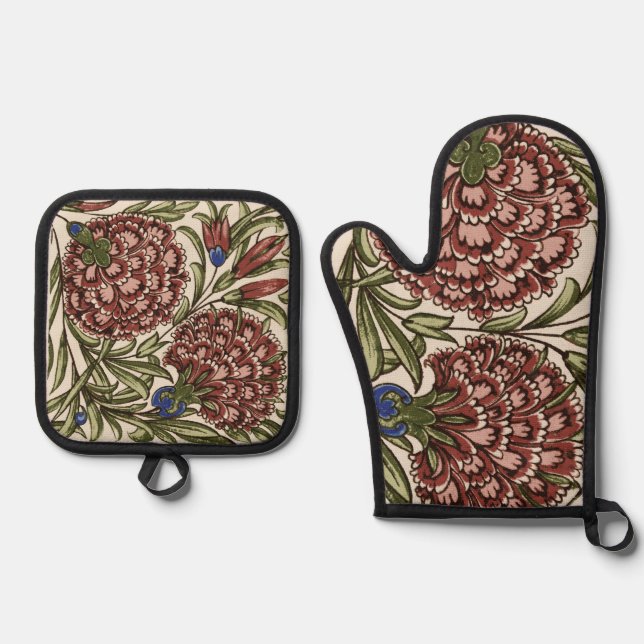 Carnation Flower Tile Antique Rustic Art Oven Mitt & Pot Holder Set (Front)