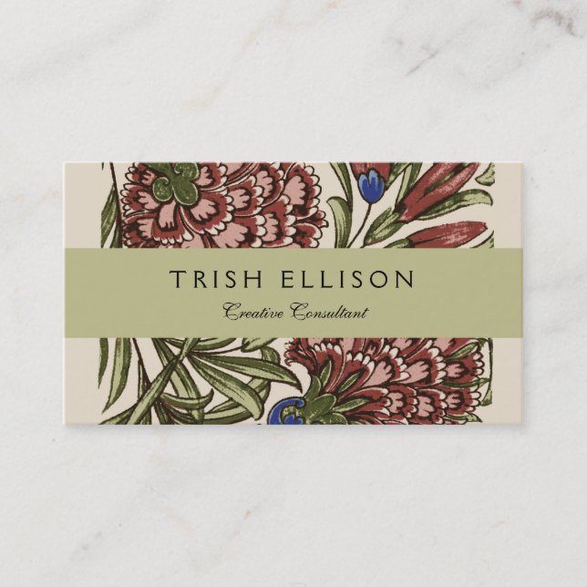 Carnation Flower Tile Antique Rustic De Morgan Art Business Card (Front)
