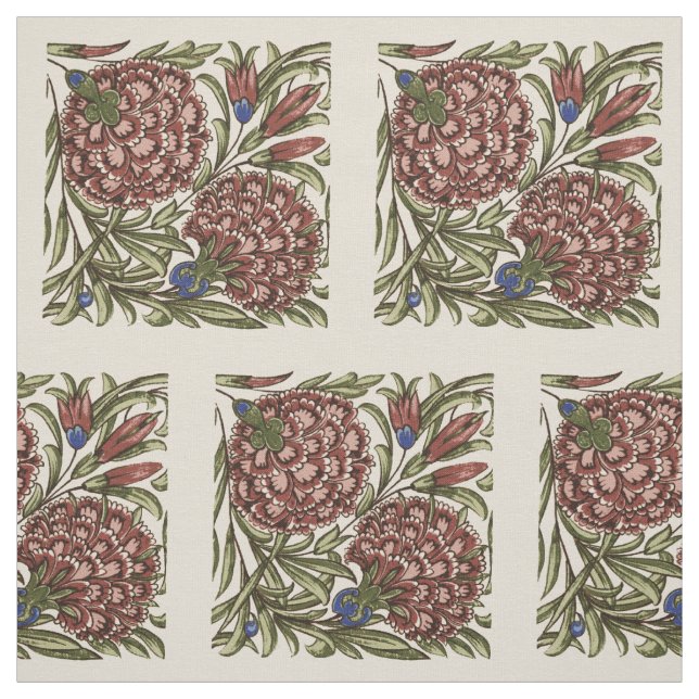 Carnation Flower Tile Antique Rustic De Morgan Art Fabric (Swatch)