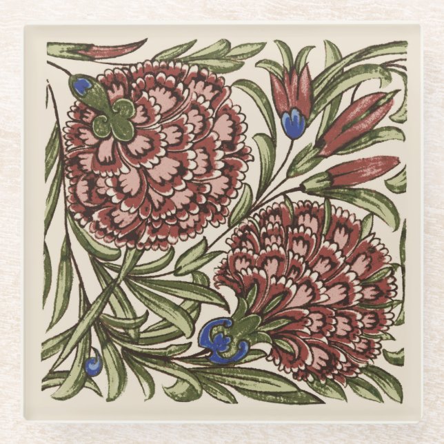 Carnation Flower Tile Antique Rustic De Morgan Art Glass Coaster (Front)