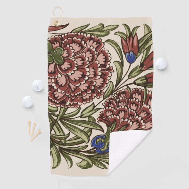 Carnation Flower Tile Antique Rustic De Morgan Art Golf Towel (InSitu)