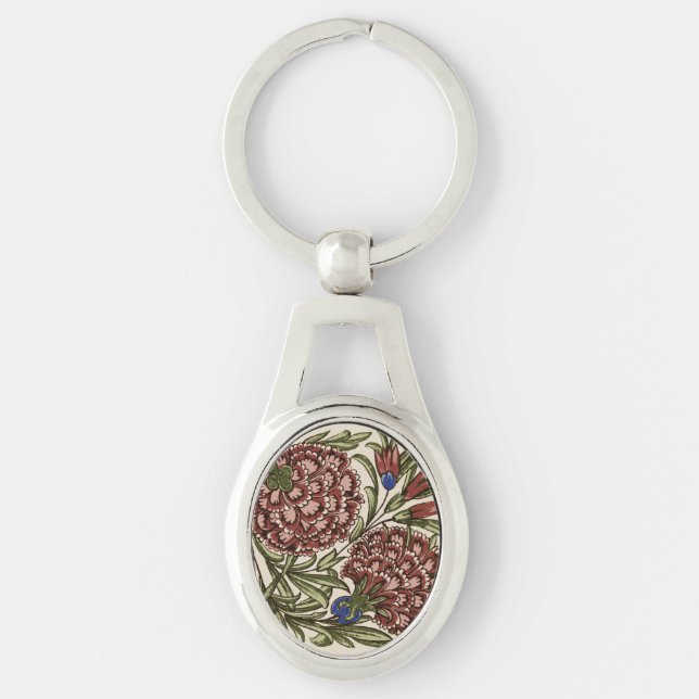 Carnation Flower Tile Antique Rustic De Morgan Art Key Ring (Front)