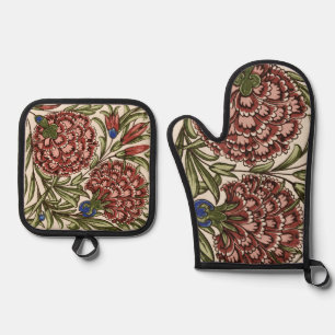 Carnation Flower Tile Antique Rustic De Morgan Art Oven Mitt & Pot Holder Set