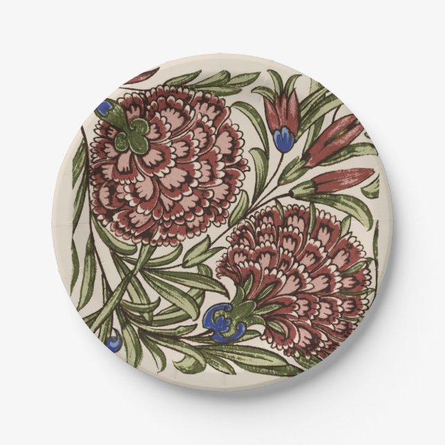 Carnation Flower Tile Antique Rustic De Morgan Art Paper Plate (Front)
