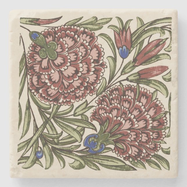 Carnation Flower Tile Antique Rustic De Morgan Art Stone Coaster (Front)