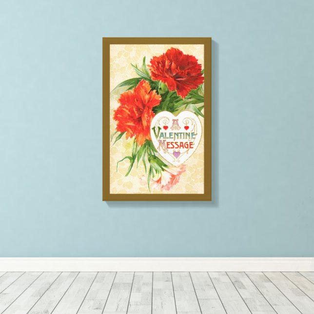 Carnation Flowers, Vintage Valentine's Day Message Canvas Print (Insitu(Wood Floor))
