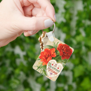 Carnation Flowers, Vintage Valentine's Day Message Key Ring