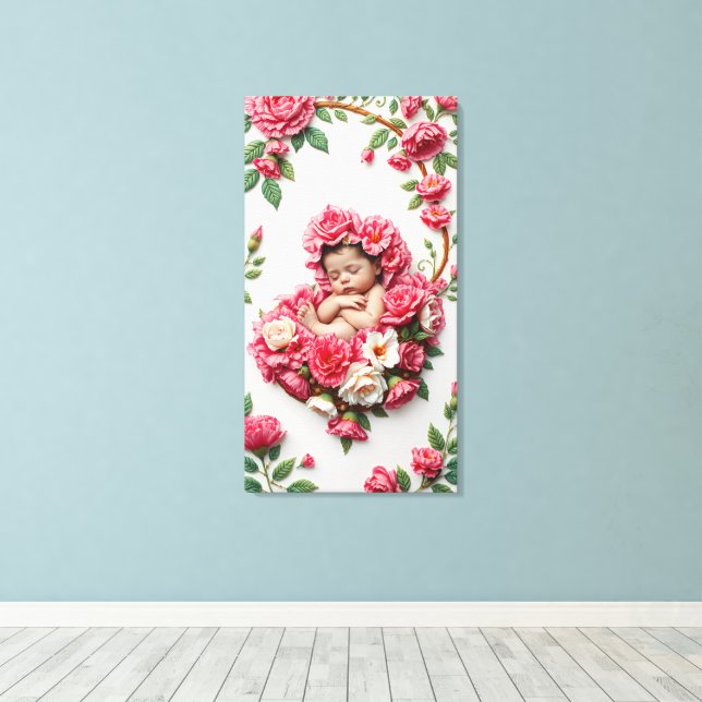 Carnation Halo – Baby Girl Birth Flower Art Canvas Print (Insitu(Wood Floor))