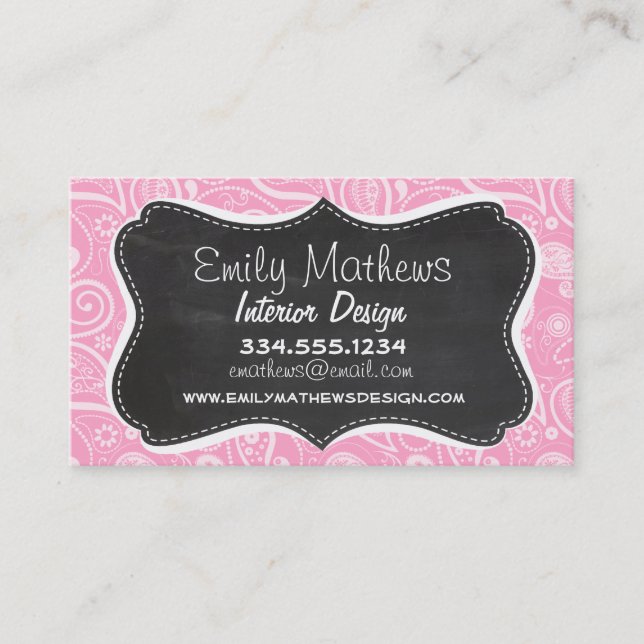 Carnation Pink Paisley; Vintage Chalkboard look Business Card (Front)