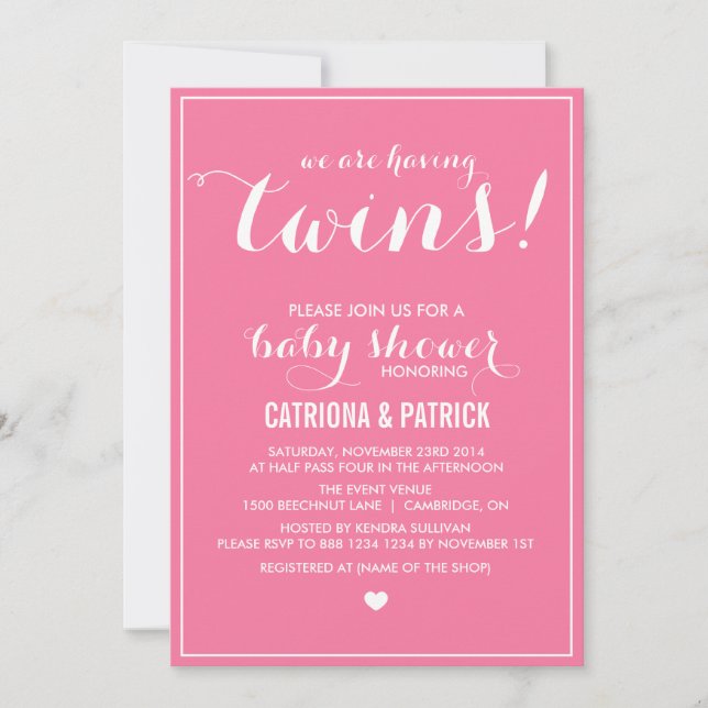 Carnation Pink Script Twins Baby Shower Invitation (Front)