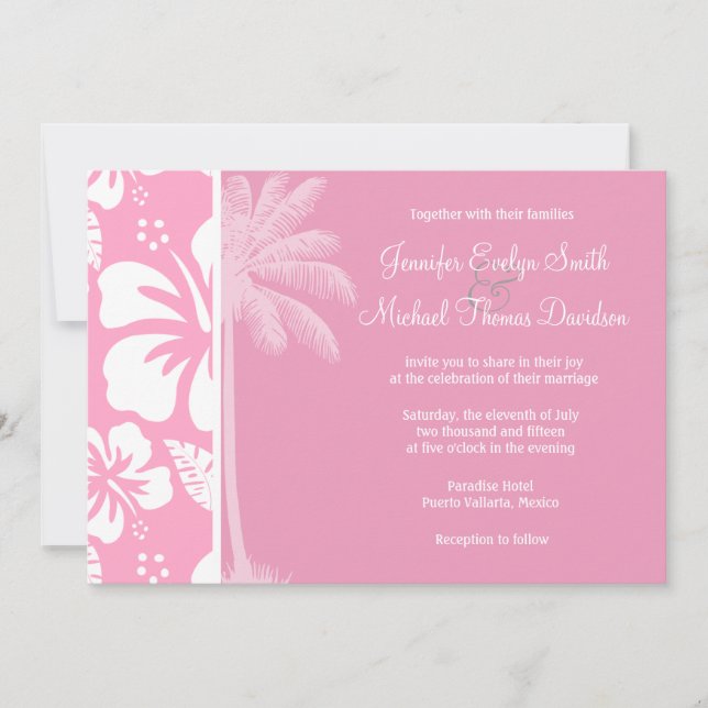 Carnation Pink Tropical Hibiscus; Summer Palm Invitation (Front)