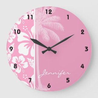 Carnation Pink Tropical Hibiscus; Summer Palm Large Clock