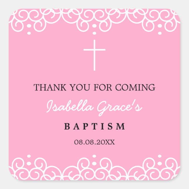 Carnation Pink & White | Baptism Thank You Square Sticker (Front)