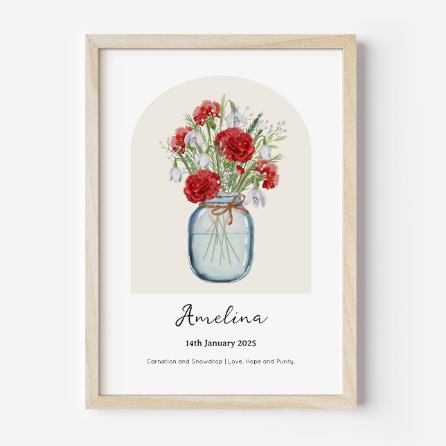 Carnation Snowdrop Birth Month Flower Poster (Personalised January Birth Month Flower Bouquet in Vase Poster | Carnation and Snowdrop.)