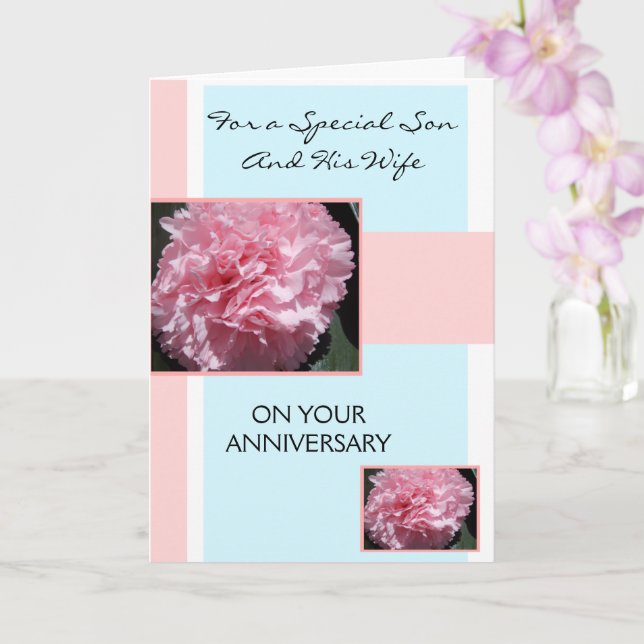 Carnation Son And Wife Personalised Anniversary Card (Orchid)