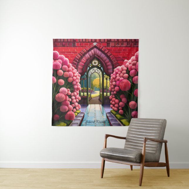 Carnations Adorn Gate: Welcome to Secret Garden Tapestry (In Situ)