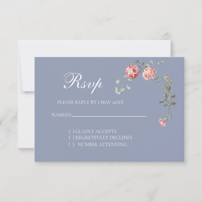 Carnations and  Blue Wedding RSVP card (Front)