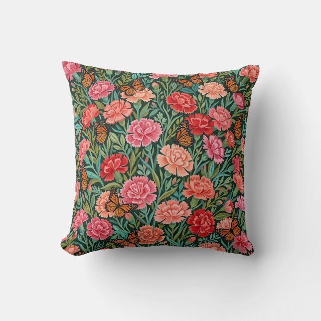 Carnations & Butterflies Throw Pillow (Front)