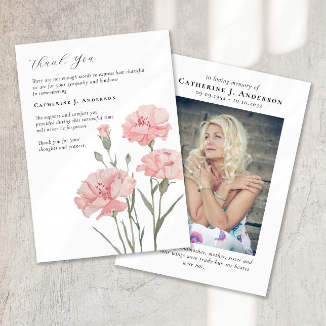 Carnations Floral Photo Sympathy Funeral Memorial Thank You Card (Creator Uploaded)