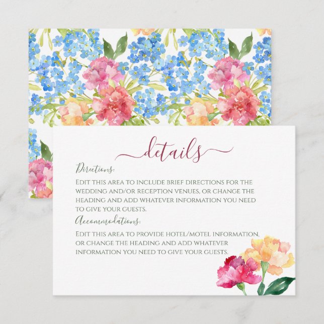 Carnations & Forget Me Nots Wedding Details  Enclosure Card (Front/Back)
