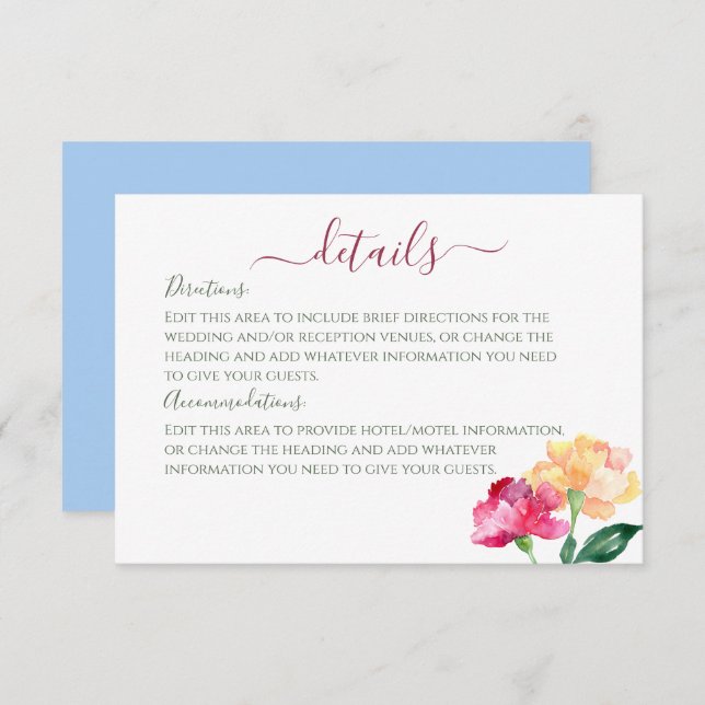 Carnations & Forget Me Nots Wedding Details  Enclosure Card (Front/Back)