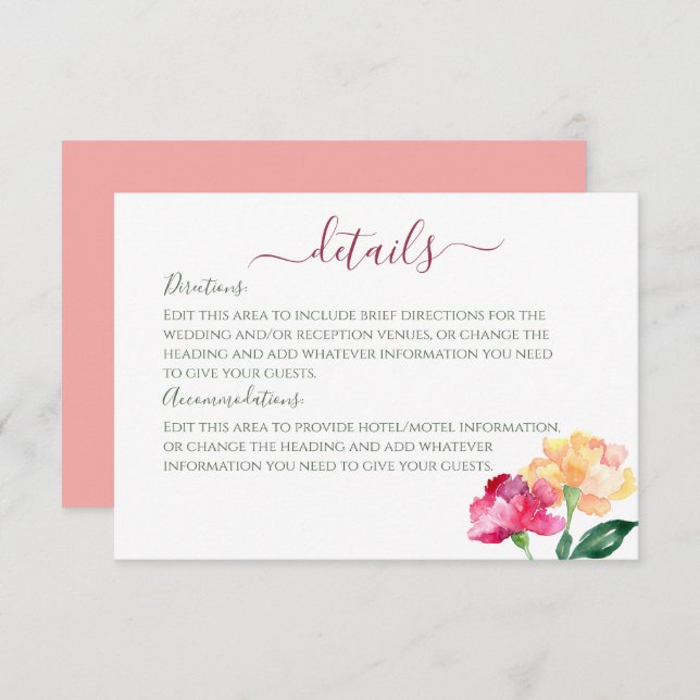Carnations & Forget Me Nots Wedding Details Enclosure Card (Front/Back)