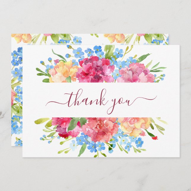 Carnations & Forget Me Nots Wedding Thank You Card (Front/Back)