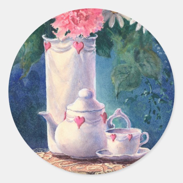 CARNATIONS & TEAPOT by SHARON SHARPE Classic Round Sticker (Front)