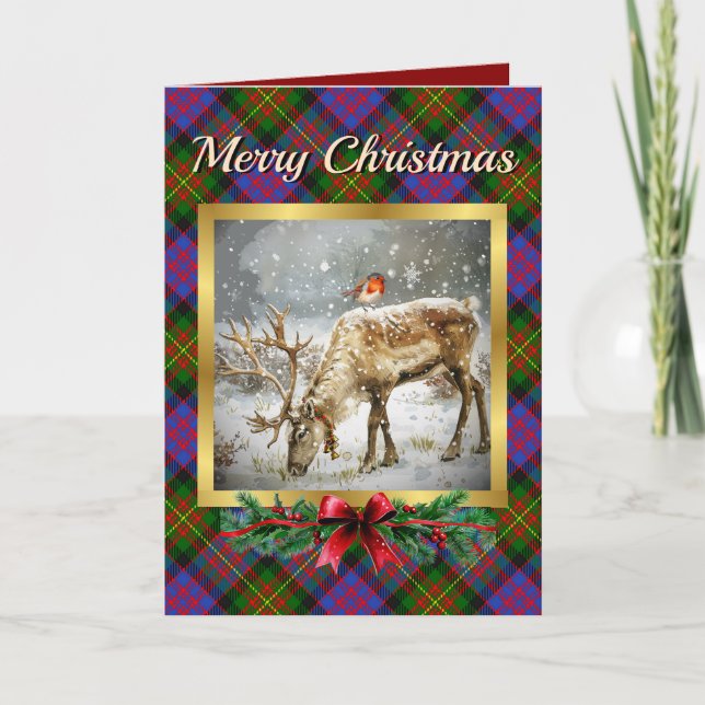 Carnegie Stag & Robin Tartan Personalised  Holiday Card (Front)