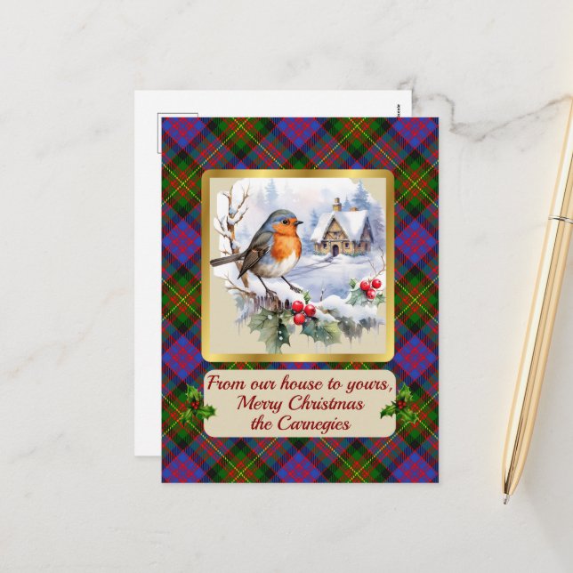Carnegie Tartan w/Robin Personalised   Holiday Postcard (Front/Back In Situ)