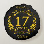 Carnelian Gemstone wedding anniversary 17 years Round Cushion<br><div class="desc">A design to celebrate 17 years of marriage. This design has a yellow (Carnelian) coloured laurel design on a black background. Carnelian is the traditional gemstone for this occasion. The text reads Carnelian 17 years anniversary. A romantic design to celebrate your 17th year of marriage. If you would like any...</div>