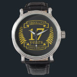 Carnelian Gemstone wedding anniversary 17 years Watch<br><div class="desc">A design to celebrate 17 years of marriage. This design has a yellow (Carnelian) coloured laurel design on a black background. Carnelian is the traditional gemstone for this occasion. The text reads Carnelian 17 years anniversary. A romantic design to celebrate your 17th year of marriage. If you would like any...</div>