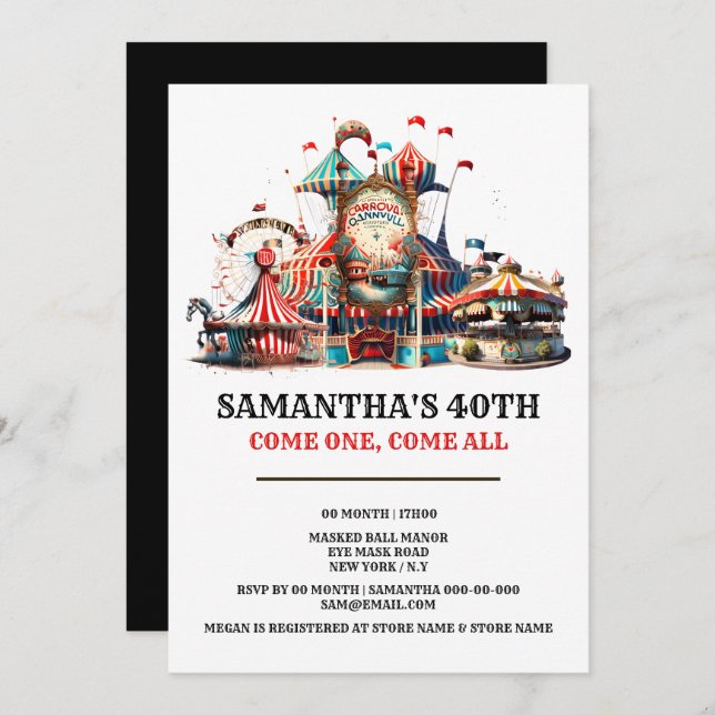 Carnival birthday retro circus tent carousal wheel invitation (Front/Back)