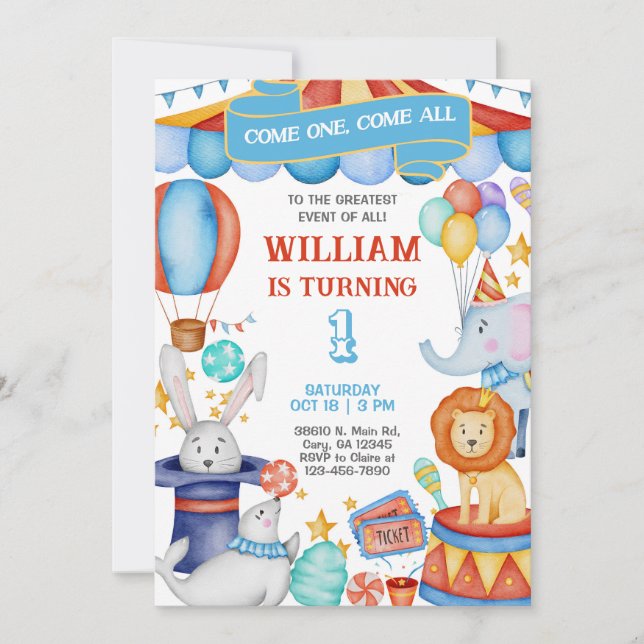 Carnival / Circus blue boy birthday invitation. Invitation (Front)