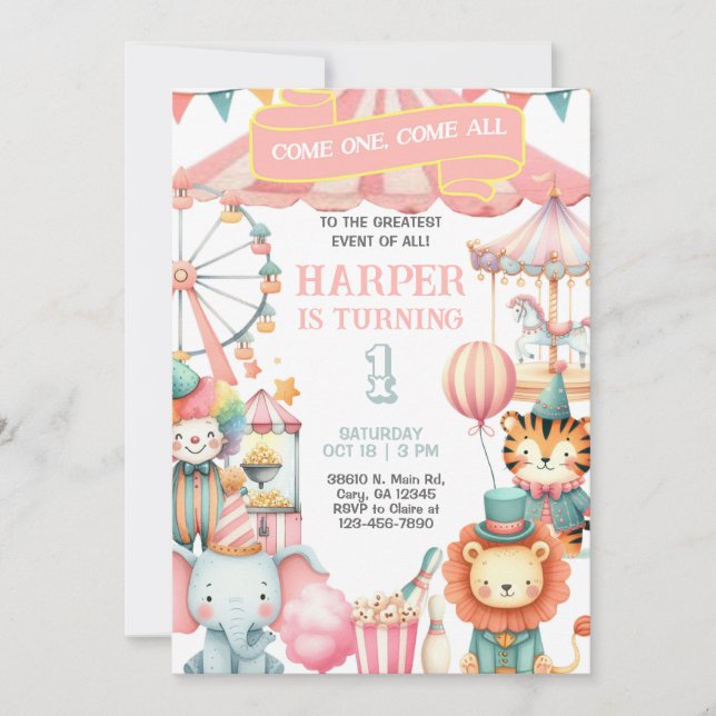 Carnival / Circus pink girl birthday invitation. Invitation (Front)
