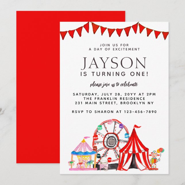 Carnival Circus Tent Ferris Wheel Party Birthday Invitation (Front/Back)
