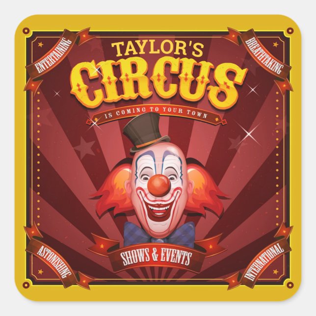 Carnival Clown ADD NAME Big Top Family Circus Show Square Sticker (Front)