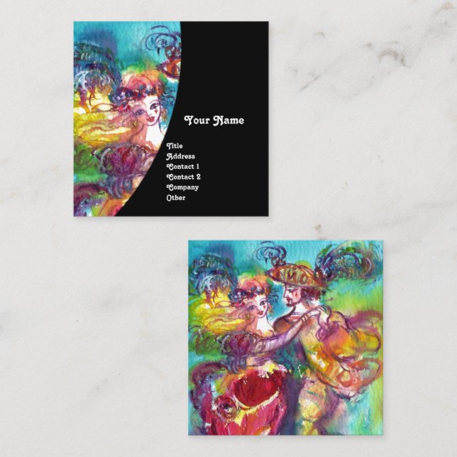 CARNIVAL DANCE / Venetian Masquerade Ball ,Black Square Business Card (Front/Back)