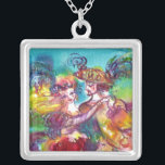 CARNIVAL DANCE Venetian Masquerade Ball Silver Plated Necklace<br><div class="desc">Colourful , elegant and vibrant fine art design with romantic carnival dancers :Whimsical dance figures, beautiful blonde woman in feathered sparkling costumes is dancing with a young Harlequin. Watercolor painting in bright pink, fuchsia, green, red, blue, yellow colours , gold sparkles inspired from Comedy of Art (Commedia dell'arte ) and...</div>