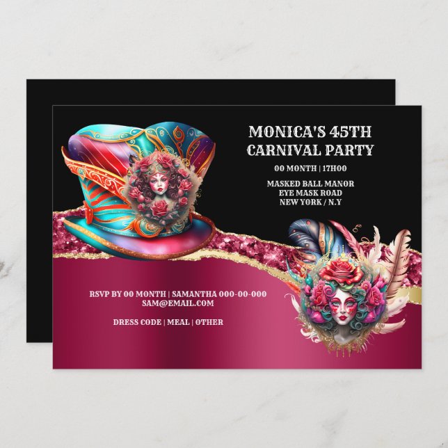 Carnival fantasy ladies rose feathers burgundy  invitation (Front/Back)
