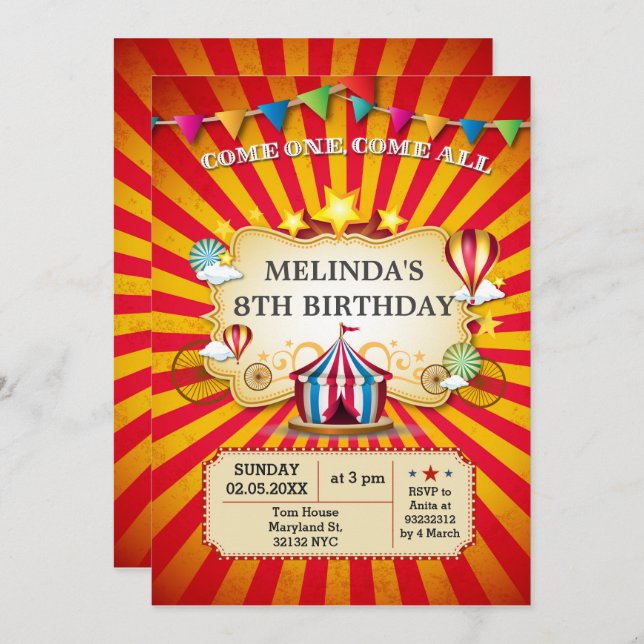 Carnival kids circus Birthday party invitations (Front/Back)