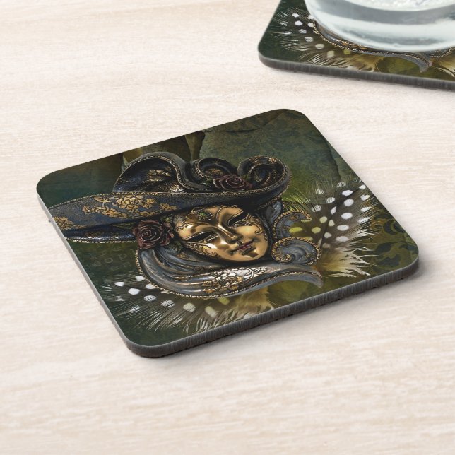 Carnival Mask-Green Damask Coaster (Left Side)