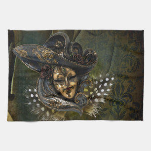 Carnival Mask-Green Damask Kitchen Towel
